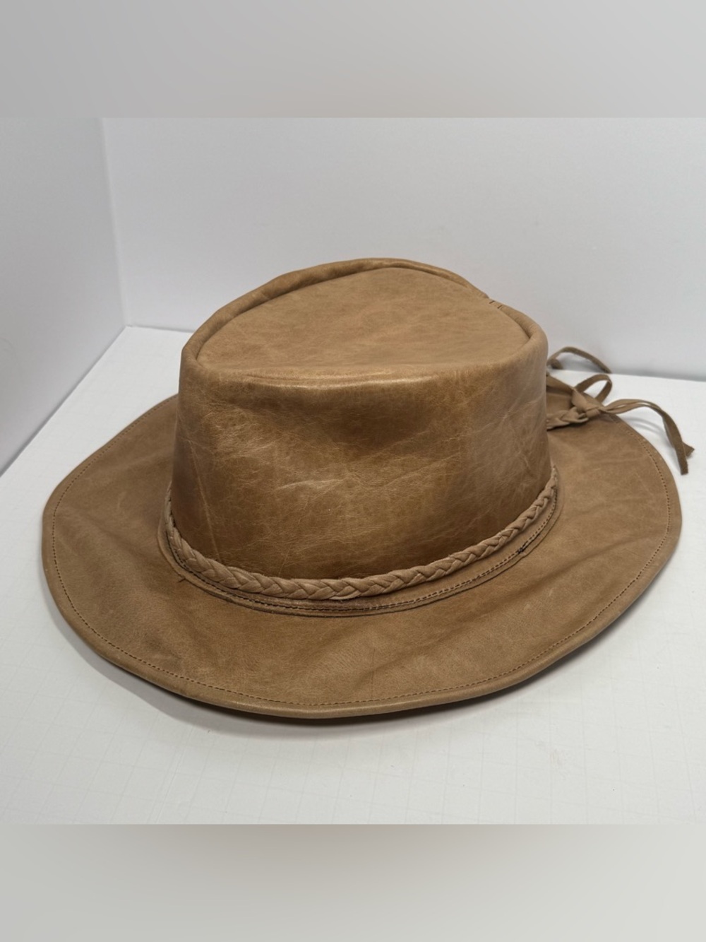 VTG Mexican Genuine Leather Western Cowboy Outback Hat Brown Braided Band Sz S